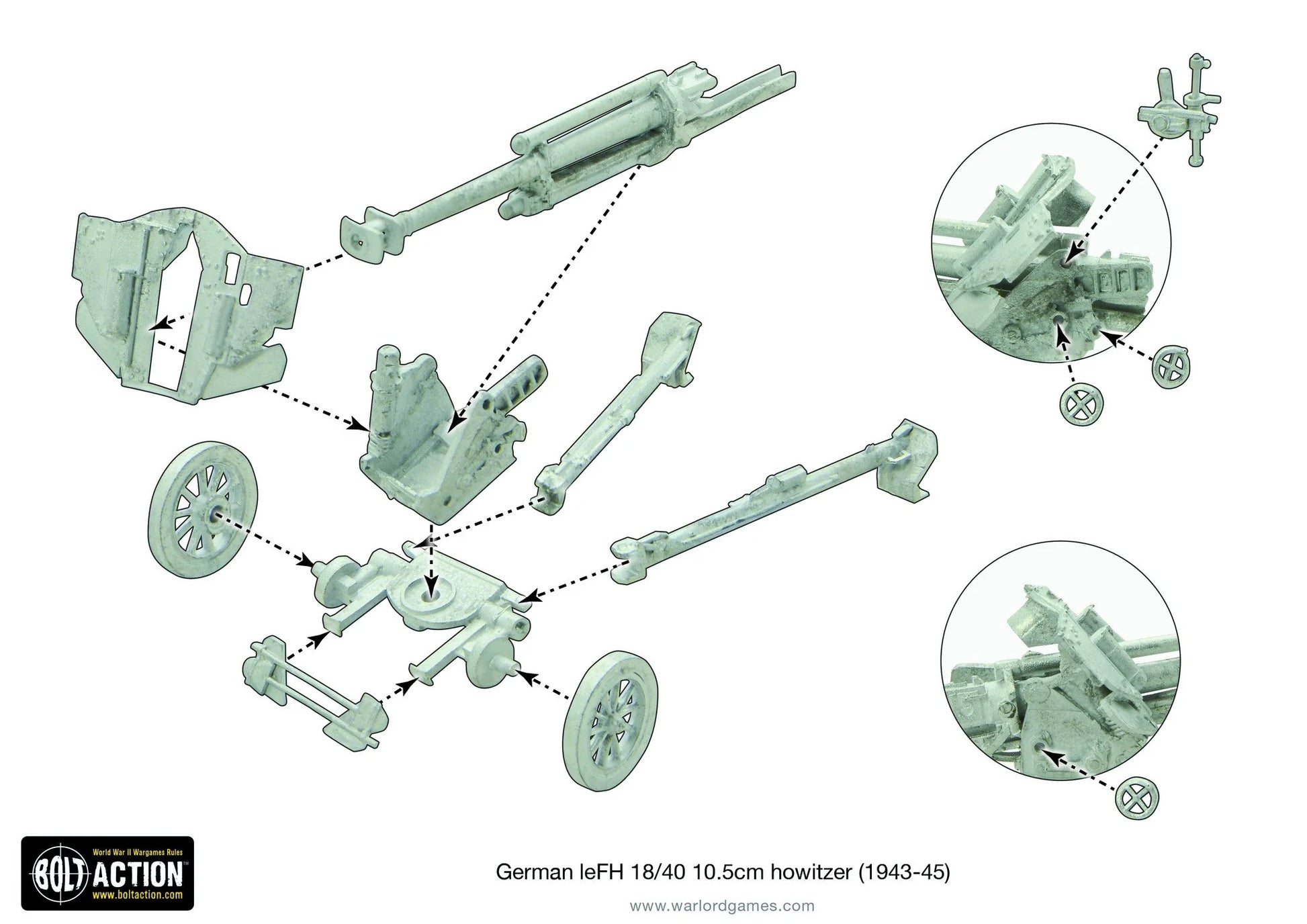 Waffen-SS 10.5cm LeFH 18/40 – diagram montażu haubicy 105mm: elementy lufy, koła, podstawa, opornik, metal Warlord Games 28mm