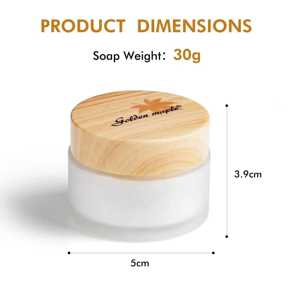 Master I Brush Cleaner & Preserver Golden Maple – schemat wymiarów: białe matowe słoiczko z drewnianą pokrywką Golden Maple, średnica 5cm, wysokość 3,9cm, waga mydła 30g, białe tło
