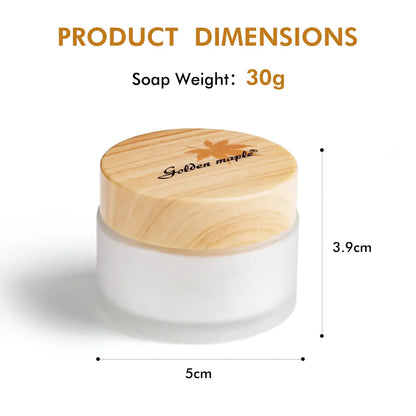 Master I Brush Cleaner & Preserver Golden Maple – schemat wymiarów: białe matowe słoiczko z drewnianą pokrywką Golden Maple, średnica 5cm, wysokość 3,9cm, waga mydła 30g, białe tło
