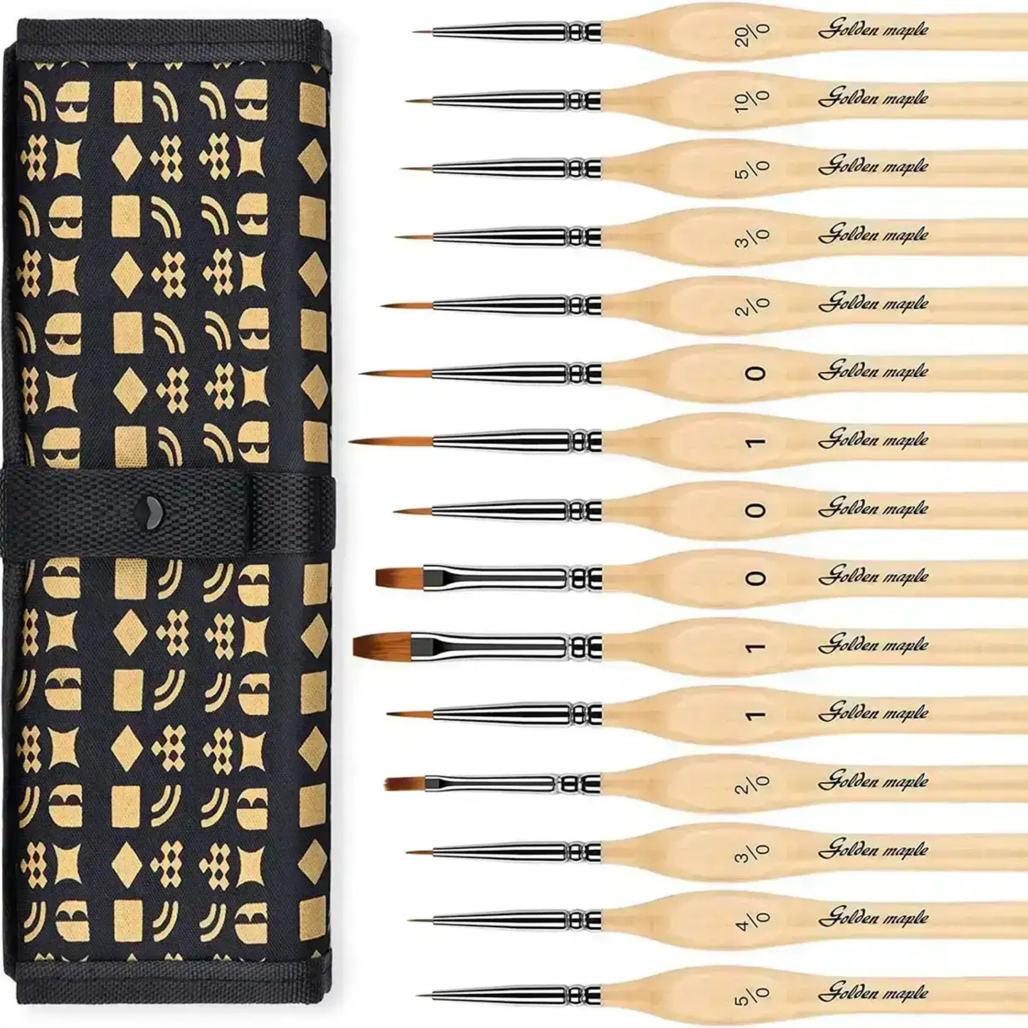 Golden Maple Nylon Flat/Liner/Round Paint Brush Set 15szt. – zestaw pędzli w czarnym etui rolowanym z drewnianymi uchwytami i oznaczeniami rozmiarów
