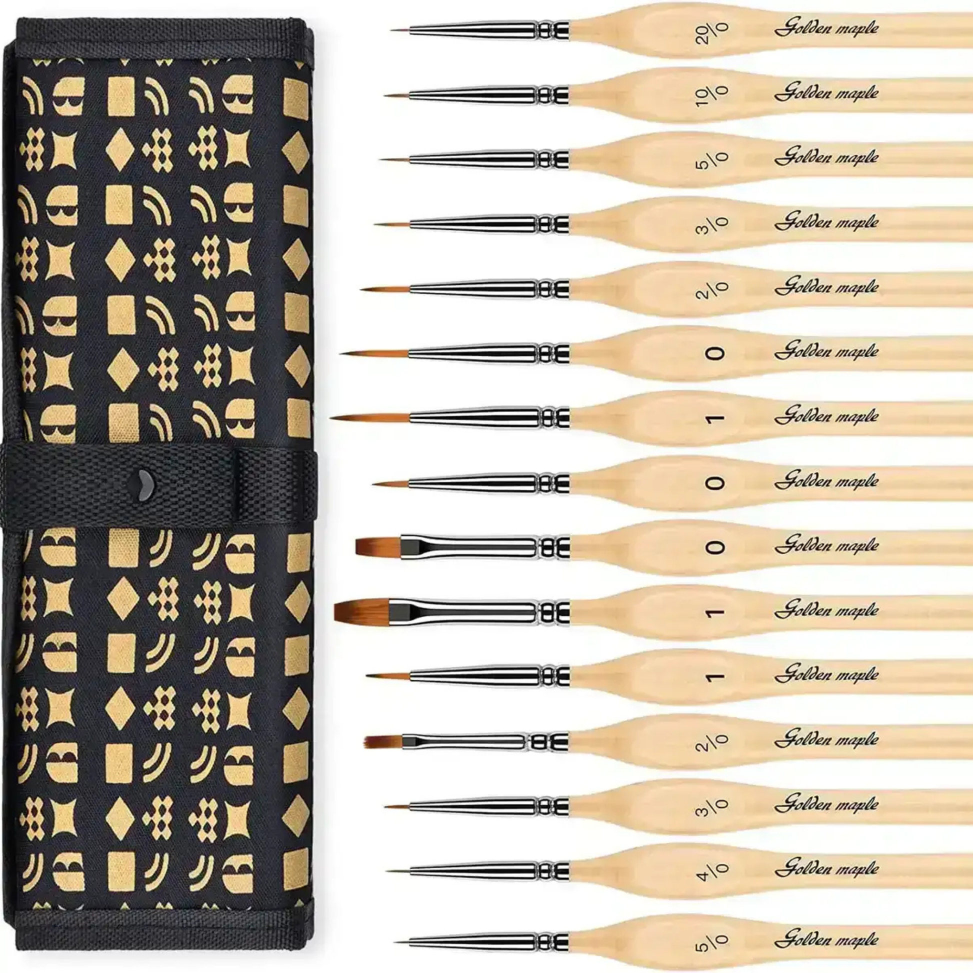 Golden Maple Nylon Flat/Liner/Round Paint Brush Set 15szt. – zestaw pędzli w czarnym etui rolowanym z drewnianymi uchwytami i oznaczeniami rozmiarów

