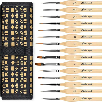 Golden Maple Nylon Flat/Liner/Round Paint Brush Set 15szt. – zestaw pędzli w czarnym etui rolowanym z drewnianymi uchwytami i oznaczeniami rozmiarów
