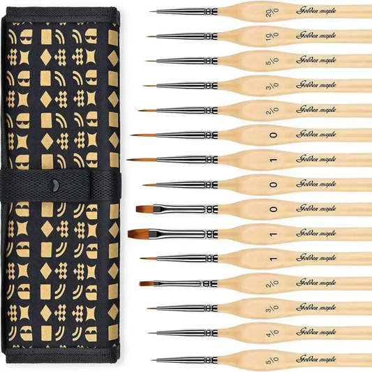 Golden Maple Nylon Flat/Liner/Round Paint Brush Set 15szt. – zestaw pędzli w czarnym etui rolowanym z drewnianymi uchwytami i oznaczeniami rozmiarów
