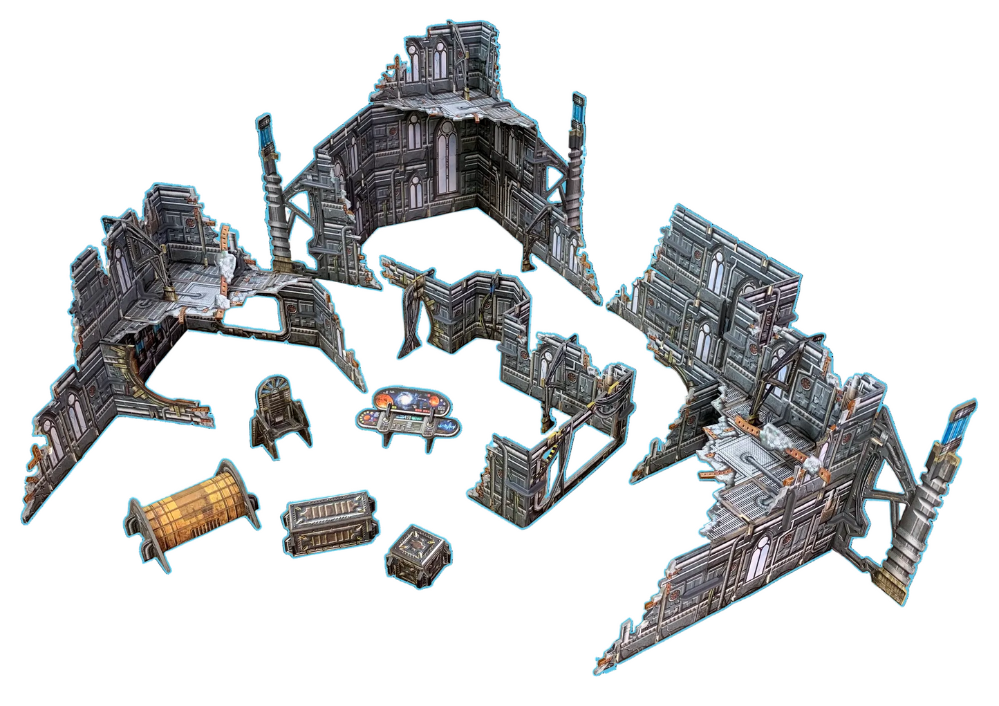 Gothic Ruins BSTSFE006 28-35mm Battle Systems - wszystkie elementy rozłożone mury ruiny skrzynie konsola tron widok z góry białe tło
