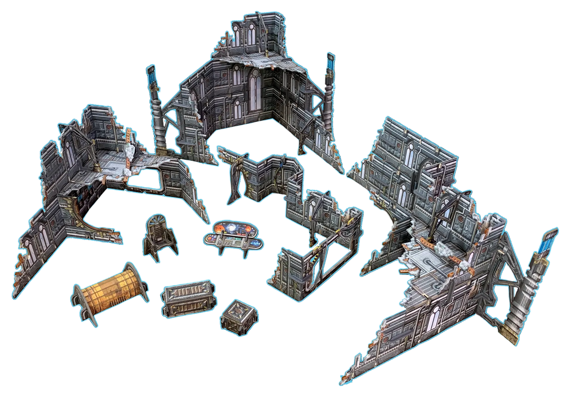 Gothic Ruins BSTSFE006 28-35mm Battle Systems - wszystkie elementy rozłożone mury ruiny skrzynie konsola tron widok z góry białe tło

