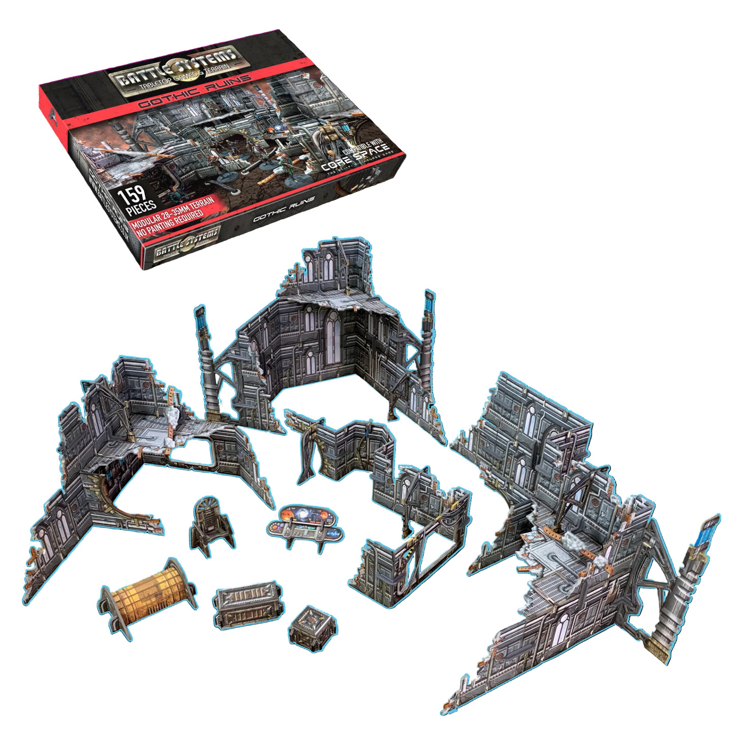 Gothic Ruins BSTSFE006 28-35mm Battle Systems - złożone ruiny wielopoziomowy blok miejski z pudełkiem i elementami scatter widok izometryczny białe tło
