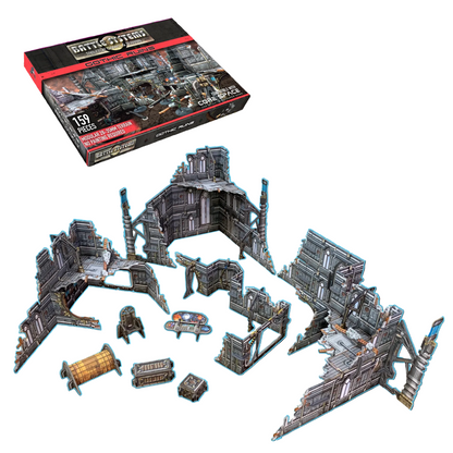 Gothic Ruins BSTSFE006 28-35mm Battle Systems - złożone ruiny wielopoziomowy blok miejski z pudełkiem i elementami scatter widok izometryczny białe tło
