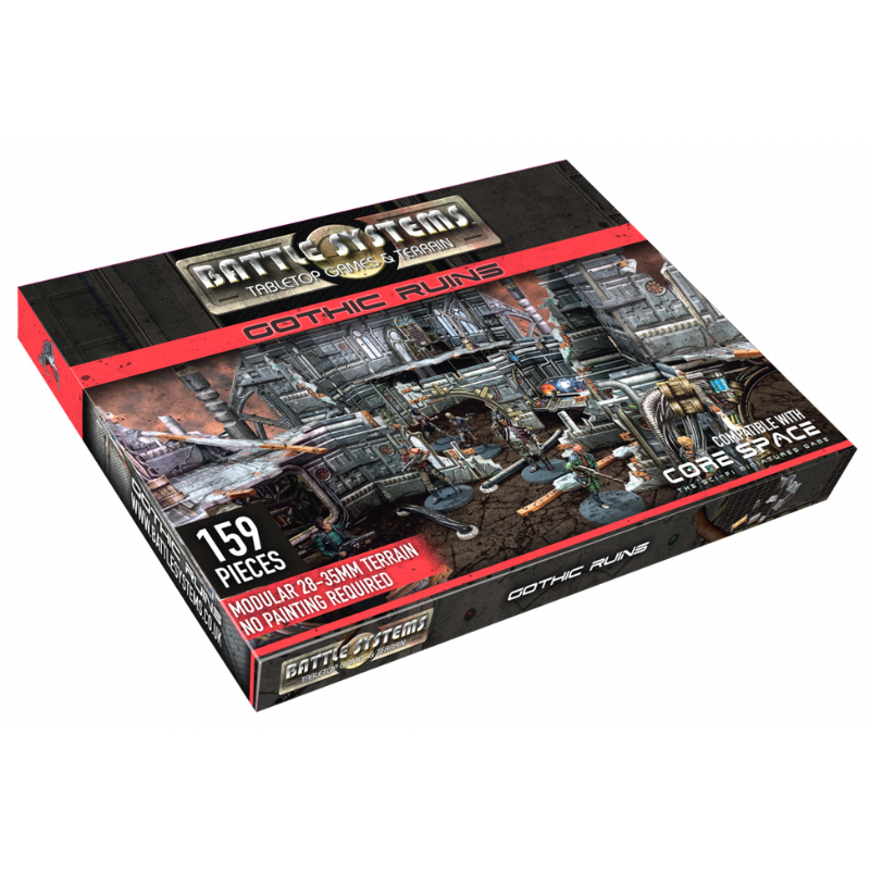 Gothic Ruins BSTSFE006 28-35mm Battle Systems - pudełko zestawu 159 elementów widok izometryczny ciemne tło
