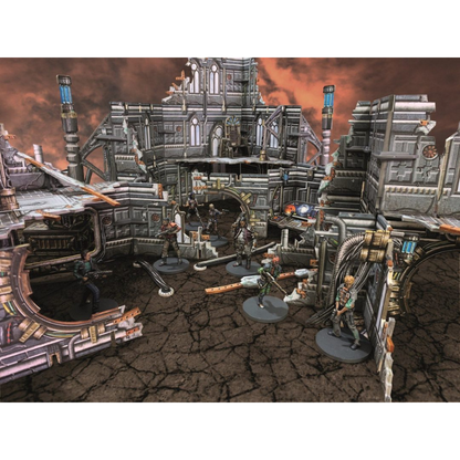 Gothic Ruins BSTSFE006 28-35mm Battle Systems - gotyckie ruiny sci-fi z figurkami walczącymi na spękanej ziemi czerwone niebo widok klimatyczny z przodu
