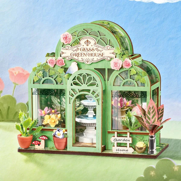 Szklarna Green Fountain Garden Rolife DS049 – zbliżenie na miniaturową fontannę z liliami i doniczkami z kwiatami