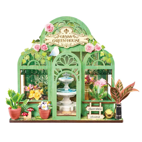 Szklarna Green Fountain Garden Rolife DS049 – sześć modeli z kolekcji Tiny Stores na drewnianym stole