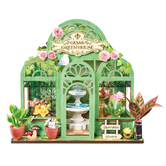 Szklarna Green Fountain Garden Rolife DS049 – sześć modeli z kolekcji Tiny Stores na drewnianym stole