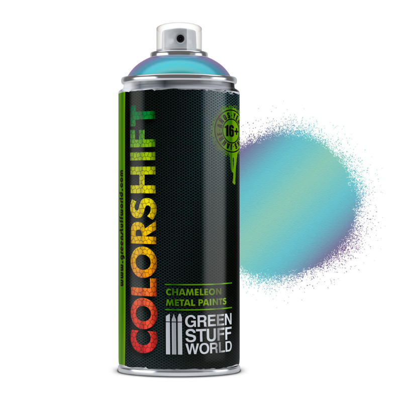 Green Stuff World Colorshift Chameleon Spray 4780 Violet Turquoise – puszka 400ml z efektem rozbryzgu farby zmieniającej kolor z fioletu na turkus, seria Colorshift Chameleon Metal Paints, Green Stuff World
