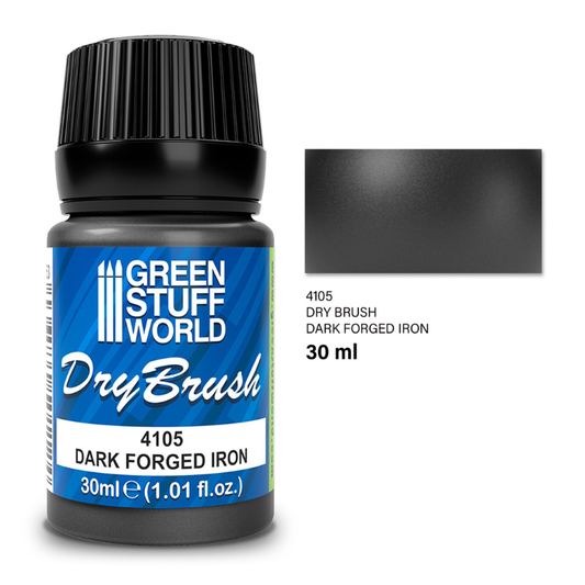 Green Stuff World Dry Brush 4105 Dark Forged Iron – butelka 30ml metalicznej farby do techniki suchego pędzla z próbką koloru ciemnego kutego żelaza, seria Dry Brush
