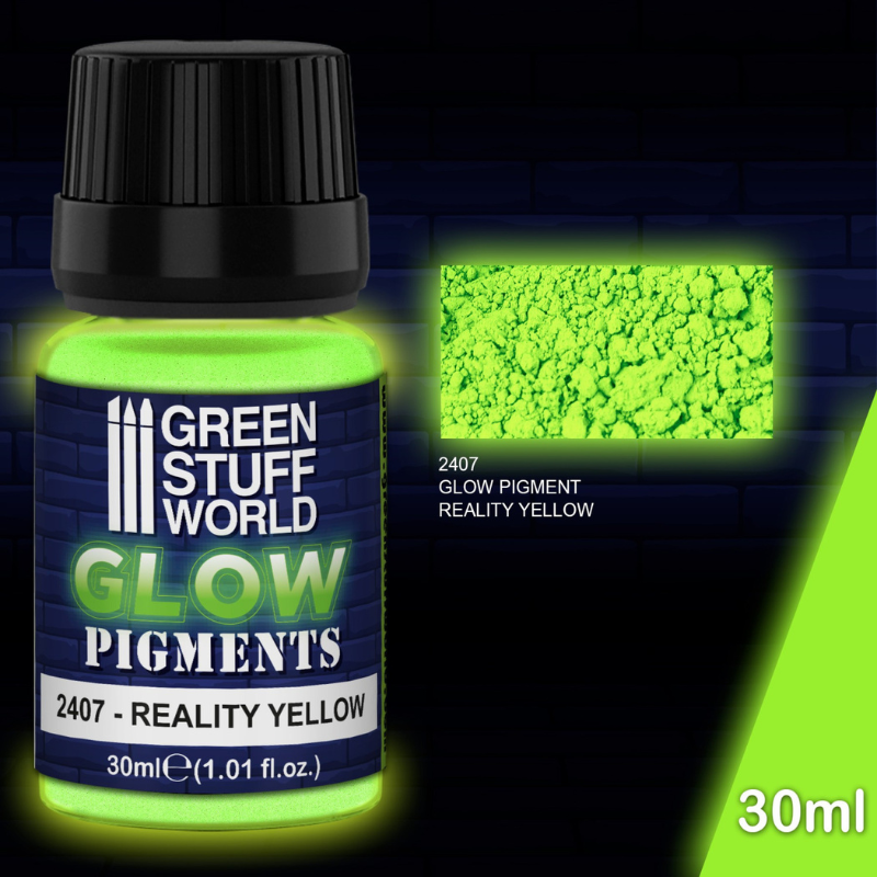 Green Stuff World Glow Pigment 2407 Reality Yellow-Green – butelka 30ml fosforescencyjnego pigmentu w proszku świecącego w ciemności, seria Glow Pigments
