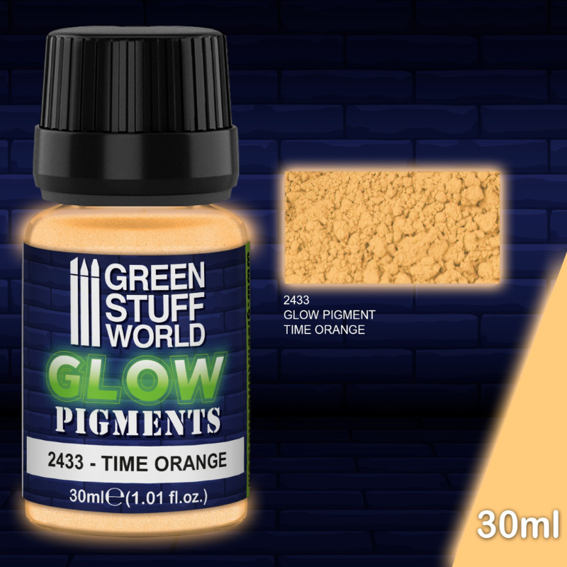 Green Stuff World Glow Pigment 2433 Time Orange – butelka 30ml fosforescencyjnego pigmentu w proszku świecącego pomarańczowo w ciemności, seria Glow Pigments
