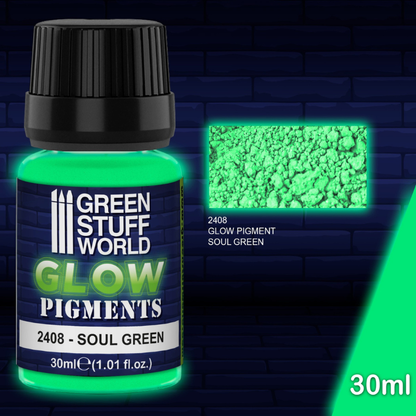 Green Stuff World Glow Pigments 2408 Soul Green – słoiczek 30ml świecącego pigmentu Glow In The Dark w kolorze Soul Green z próbką faktury świecącej zielonym blaskiem, seria Glow Pigments, Green Stuff World

