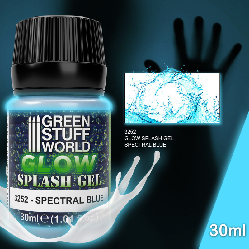 Green Stuff World Glow Splash Gel Spectral Blue 3252 – słoiczek 30ml z etykietą Glow Splash Gel Spectral Blue i próbką efektu wody/magii w kolorze niebieskim, Green Stuff World
