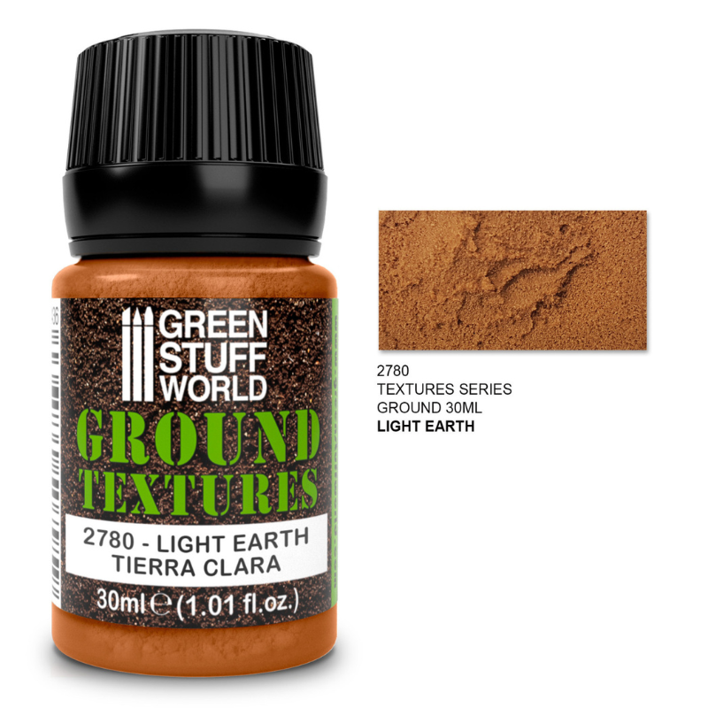 Green Stuff World Ground Textures 2780 Light Earth – słoiczek 30ml akrylowej pasty teksturowanej w kolorze jasnej ziemi z próbką faktury, seria Ground Textures, Green Stuff World
