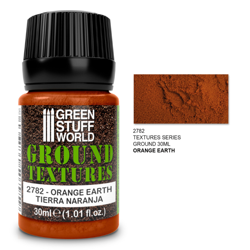 Green Stuff World Ground Textures 2782 Orange Earth – słoiczek 30ml akrylowej pasty teksturowanej w kolorze pomarańczowej ziemi z próbką faktury, seria Ground Textures, Green Stuff World
