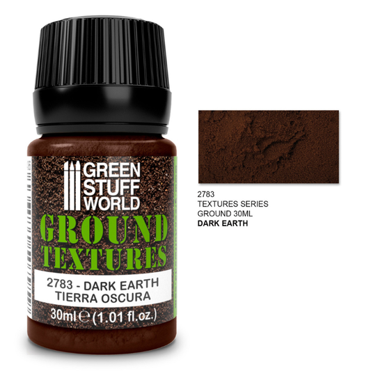 Green Stuff World Ground Textures 2783 Dark Earth – słoiczek 30ml akrylowej pasty teksturowanej w kolorze ciemnej ziemi z próbką faktury, seria Ground Textures, Green Stuff World
