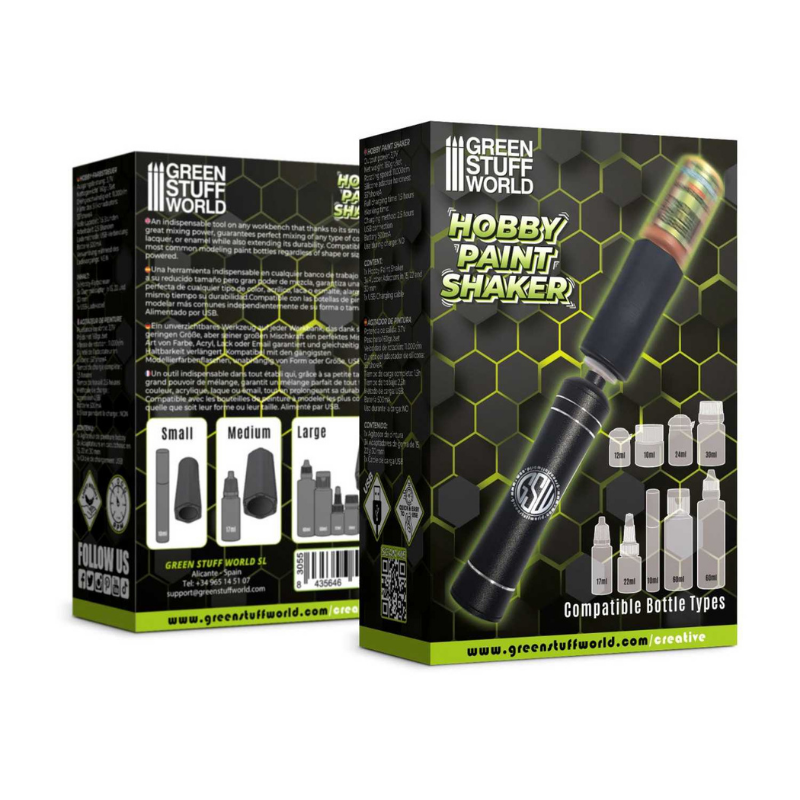 Green Stuff World Hobby Paint Shaker 3055 – pudełko zestawu z przodu i tyłu: shaker, 3 adaptery gumowe i kabel USB, kompatybilne typy butelek, Green Stuff World

