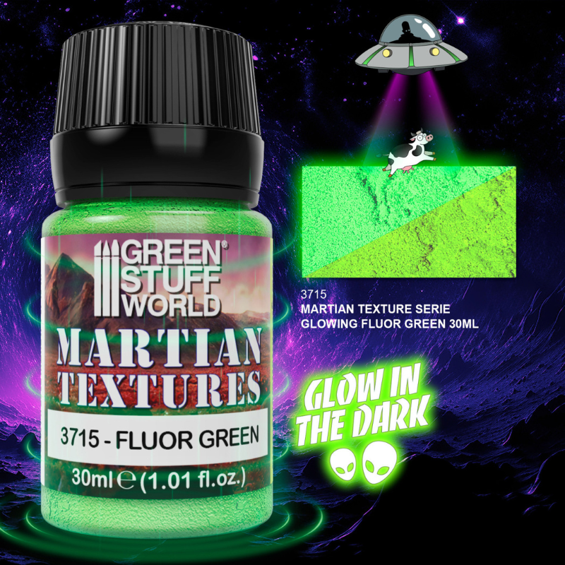 Green Stuff World Martian Textures 3715 Fluor Green – słoiczek 30ml świecącej pasty teksturowanej w kolorze fluorescencyjnej zieleni z próbką faktury Glow In The Dark, seria Martian Textures, Green Stuff World
