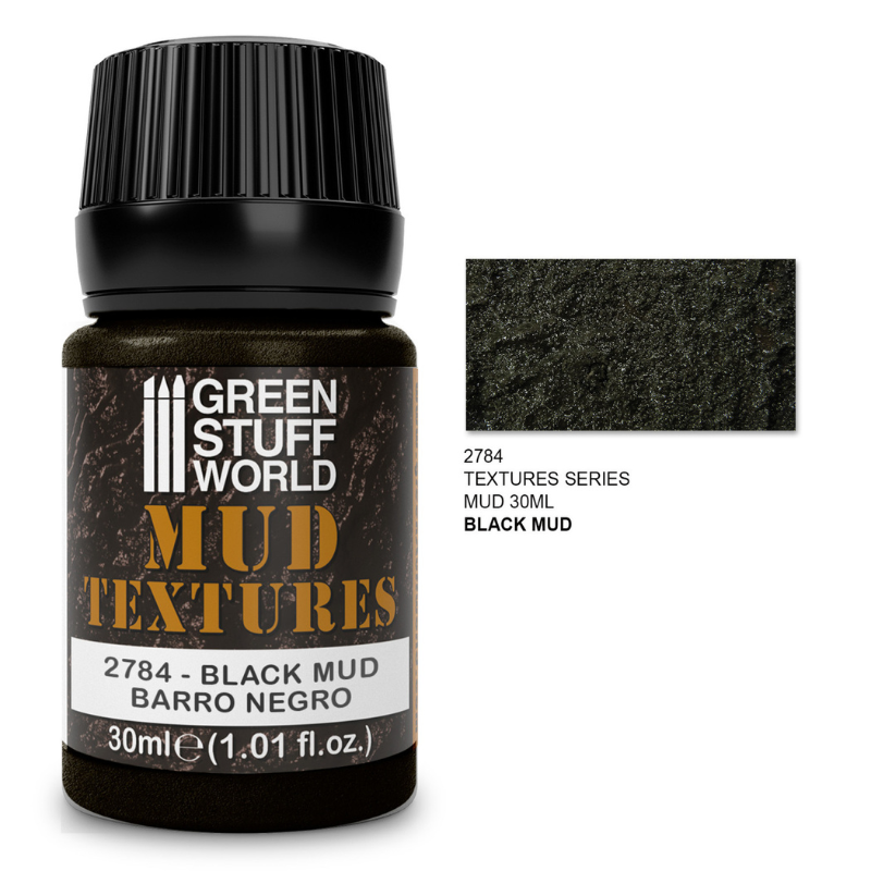 Green Stuff World Mud Textures 2784 Black Mud – słoiczek 30ml błyszczącej akrylowej pasty teksturowanej do efektów czarnego błota z próbką faktury mokrego czarnego błota, seria Mud Textures, Green Stuff World
