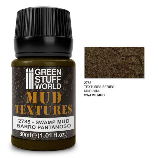 Green Stuff World Mud Textures 2785 Swamp Mud – słoiczek 30ml błyszczącej akrylowej pasty teksturowanej do efektów bagiennego błota w ciemnooliwkowym kolorze z próbką faktury mokrego błota, seria Mud Textures, Green Stuff World
