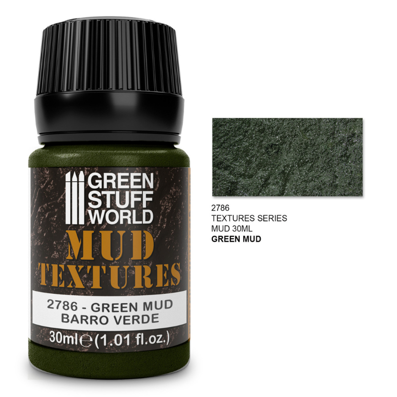 Green Stuff World Mud Textures 2786 Green Mud – słoiczek 30ml błyszczącej akrylowej pasty teksturowanej do efektów zielonego błota z próbką faktury mokrego zielonego błota, seria Mud Textures, Green Stuff World
