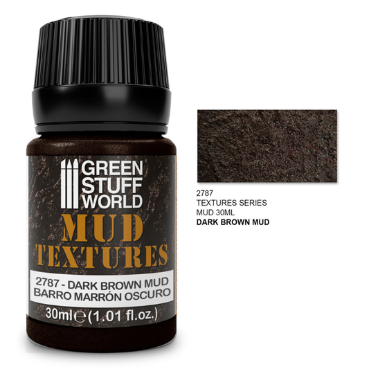 Green Stuff World Mud Textures 2787 Dark Brown Mud – słoiczek 30ml błyszczącej akrylowej pasty teksturowanej do efektów błota w kolorze ciemnego brązu z próbką faktury mokrego błota, seria Mud Textures, Green Stuff World
