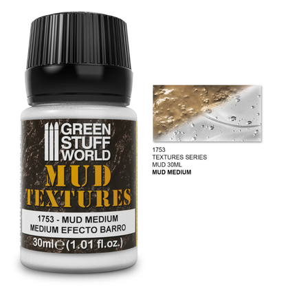 Green Stuff World Mud Textures Mud Medium 1753 – słoiczek 30ml transparentnej akrylowej pasty do efektów błota i wody z próbką faktury mokrego błota, seria Mud Textures
