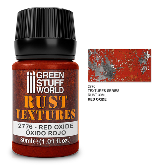 Green Stuff World Rust Textures 2776 Red Oxide – słoiczek 30ml akrylowej pasty teksturowanej do efektów rdzy w kolorze czerwonego tlenku z próbką faktury łuszczącej się rdzy, seria Rust Textures, Green Stuff World
