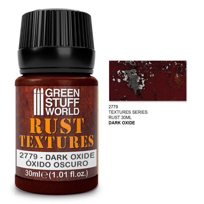 Green Stuff World Rust Textures 2779 Dark Oxide – słoiczek 30ml akrylowej pasty teksturowanej do efektów rdzy w kolorze ciemnego tlenku z próbką faktury łuszczącej się rdzy, seria Rust Textures, Green Stuff World
