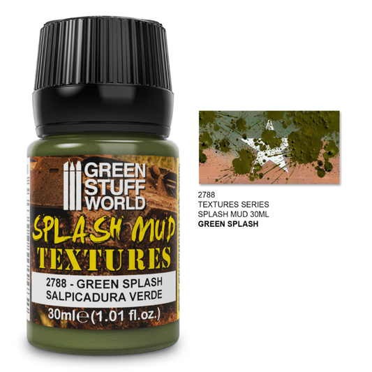 Green Stuff World Splash Mud Textures 2788 Green Splash – słoiczek 30ml matowej akrylowej pasty do efektów rozbryzgów błota w kolorze zielonym z próbką faktury rozbryzgów na pomarańczowym tle, seria Splash Mud Textures, Green Stuff World
