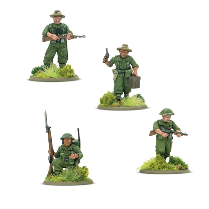 Warlord Games Gurkha HQ – 4 figurki Warlord Resin 28mm: oficer w kapeluszu z karabinem Sten, medyk w kapeluszu z pistoletem i apteczką, łącznościowiec w hełmie z radiem plecakowym i karabinem z bagnetem, oficer w hełmie z Bren LMG, widok z przodu Bolt Action