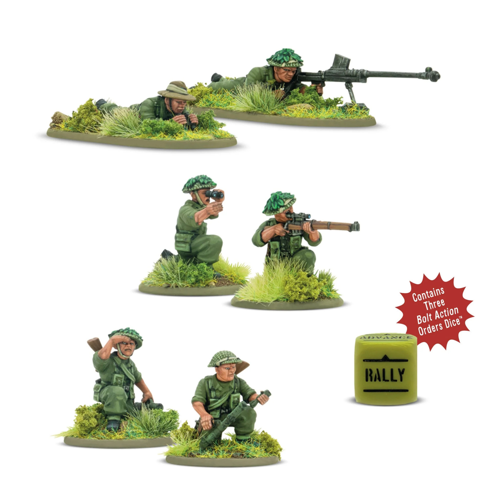 Warlord Games Gurkha Weapon Teams – widok zestawu: zespół karabinu Boys leżący z celowniczym i obserwatorem, zespół snajperski klęczący z celowniczym i obserwatorem z lornetką, zespół moździerza 2-calowego klęczący z ładowniczym i kości rozkazu Bolt Action 28mm