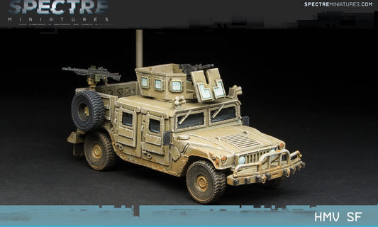 HMV SF Spectre Miniatures – Humvee sił specjalnych z opancerzoną skrzynią i wieżyczką, żywica 1/50 widok z przodu skos
