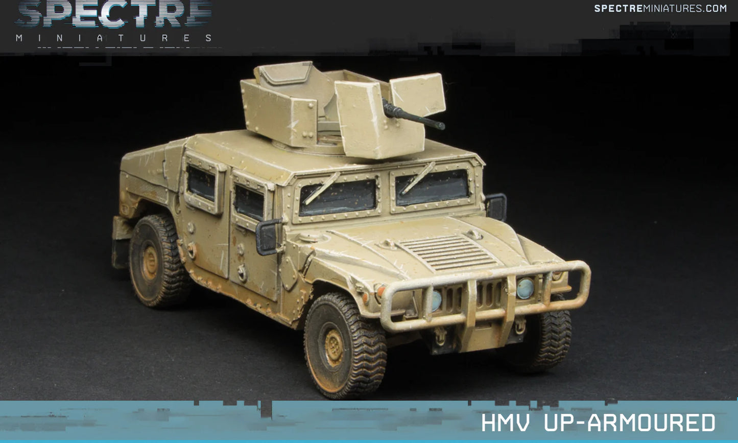 HMV Up-Armoured Spectre Miniatures – Humvee z wieżyczką i pancerzem drzwi, żywica 1/50 widok z przodu skos
