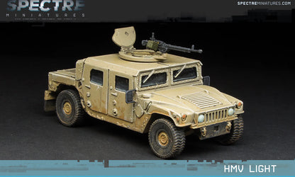 HMV Light Spectre Miniatures – Humvee z wieżyczką i karabinem maszynowym, żywica 1/50 widok z przodu skos
