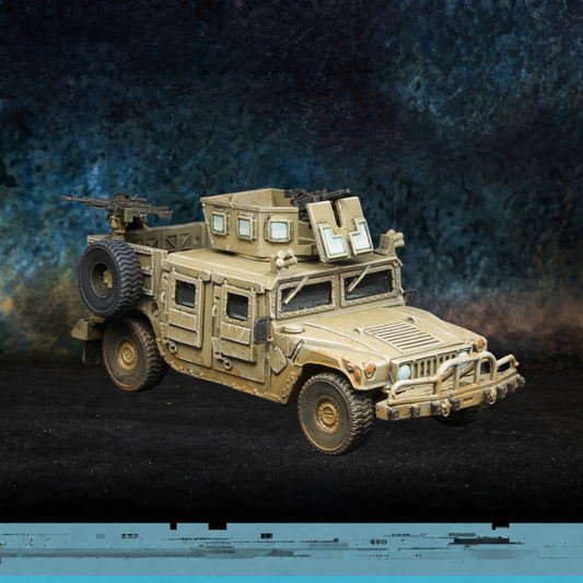 HMV SF Spectre Miniatures – Humvee sił specjalnych z opancerzoną skrzynią i wieżyczką, żywica 1/50 widok z przodu skos
