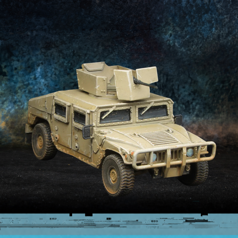 HMV Up-Armoured Spectre Miniatures – Humvee z wieżyczką i pancerzem drzwi, żywica 1/50 widok z przodu skos
