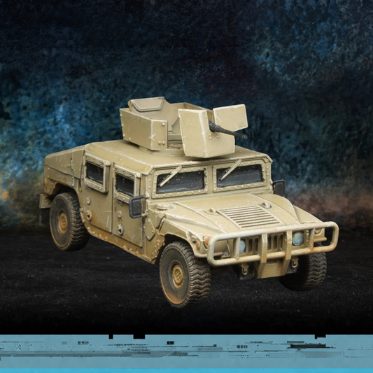 HMV Up-Armoured Spectre Miniatures – Humvee z wieżyczką i pancerzem drzwi, żywica 1/50 widok z przodu skos
