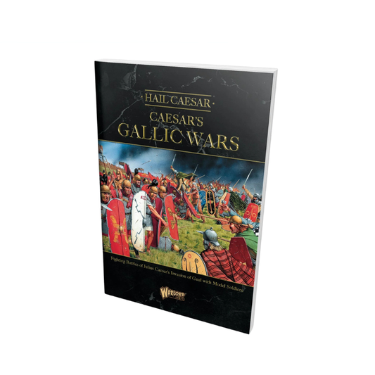 Hail Caesar: Caesar's Gallic Wars – okładka suplementu: czarne tło, legiony rzymskie z czerwonymi tarczami w starciu z wojownikami galijskimi, tytuł złotymi literami, podtytuł "Fighting Battles of Julius Caesar's Invasion of Gaul with Model Soldiers", logo Warlord Games
