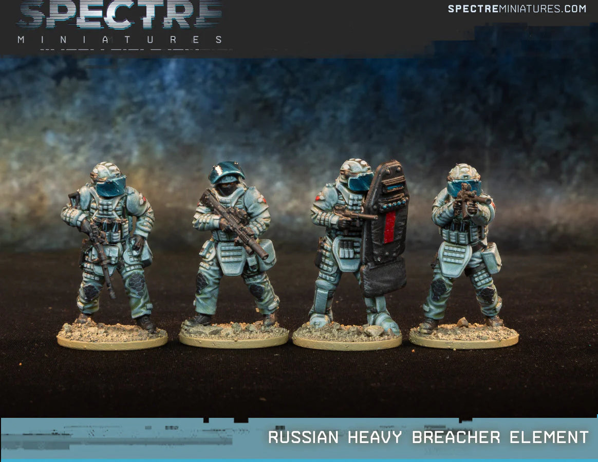 Russian Heavy Breacher Element Spectre Miniatures – 4 operatorzy w szarych kombinezonach przeciwodłamkowych z SR-3MP, Ash-12 .50 cal i tarczą balistyczną, 28mm widok z przodu
