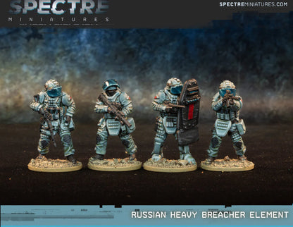 Russian Heavy Breacher Element Spectre Miniatures – 4 operatorzy w szarych kombinezonach przeciwodłamkowych z SR-3MP, Ash-12 .50 cal i tarczą balistyczną, 28mm widok z przodu
