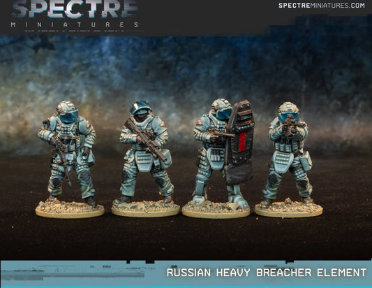 Russian Heavy Breacher Element Spectre Miniatures – 4 operatorzy w szarych kombinezonach przeciwodłamkowych z SR-3MP, Ash-12 .50 cal i tarczą balistyczną, 28mm widok z przodu
