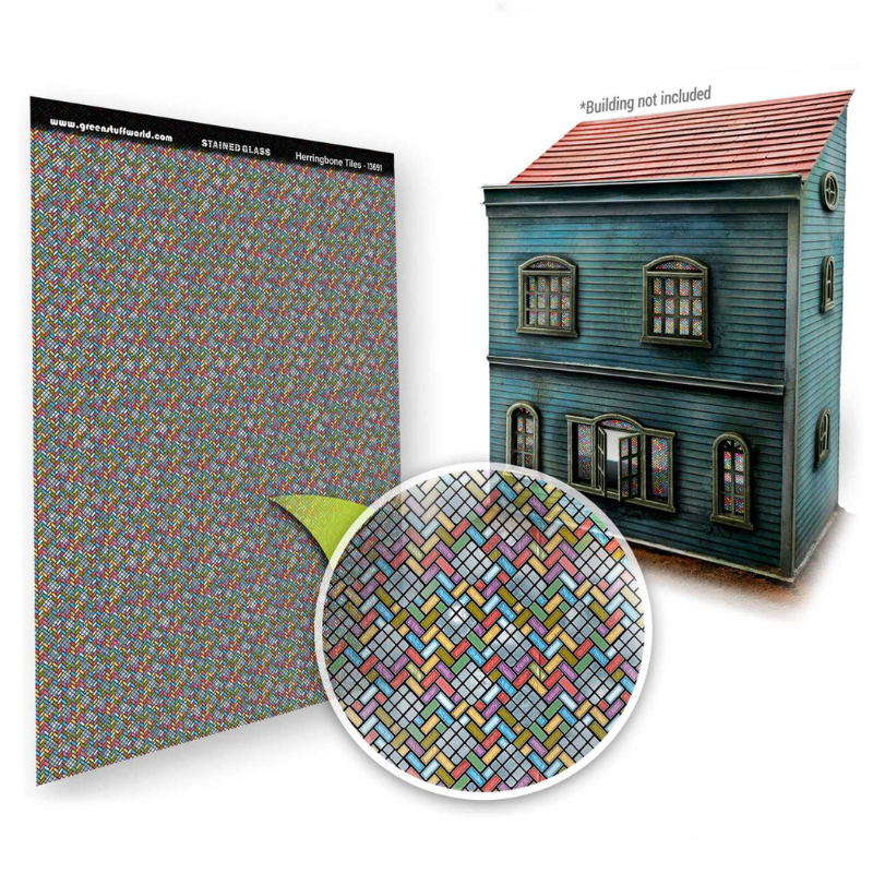 Herringbone Tiles Stained Glass Green Stuff World 13691 – arkusz miniaturowego witraża we wzorze jodełki 156x219mm ze zbliżeniem kolorowych kafelków, skala 1/48–1/35
