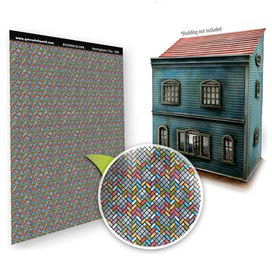 Herringbone Tiles Stained Glass Green Stuff World 13691 – arkusz miniaturowego witraża we wzorze jodełki 156x219mm ze zbliżeniem kolorowych kafelków, skala 1/48–1/35
