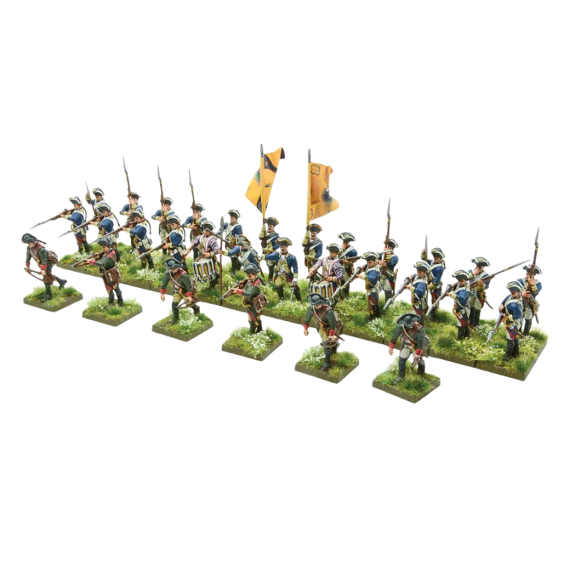 Hessian Regiment WGR-AWI-03 – widok całego regimentu 30 pomalowanych figurek heskich piechurów w niebieskich mundurach z żółtymi flagami i bagnetami, 28mm Black Powder AWI
